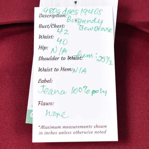 1940s Style Vintage Burgundy Bow Blouse Cats Like Us