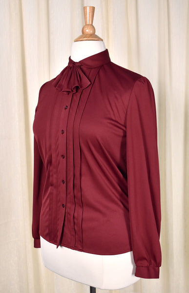 1940s Style Vintage Burgundy Bow Blouse Cats Like Us