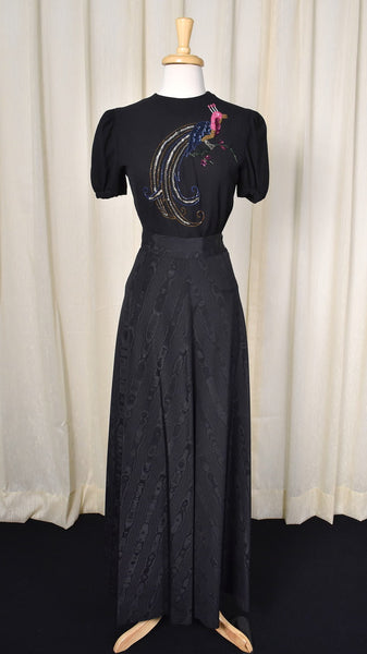 1940s Vintage Black Textured Maxi Skirt Cats Like Us