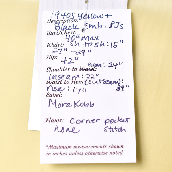 1940s Yellow & Black Embroidered Rayon PJs Cats Like Us