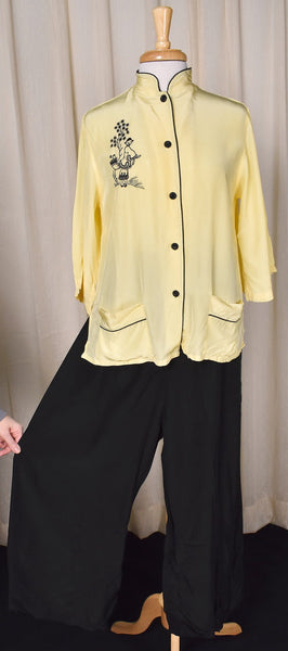 1940s Yellow & Black Embroidered Rayon PJs Cats Like Us