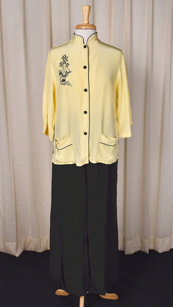 1940s Yellow & Black Embroidered Rayon PJs Cats Like Us