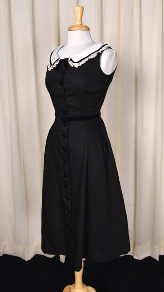 1950s Black Swing Dress w Lace Collar Cats Like Us