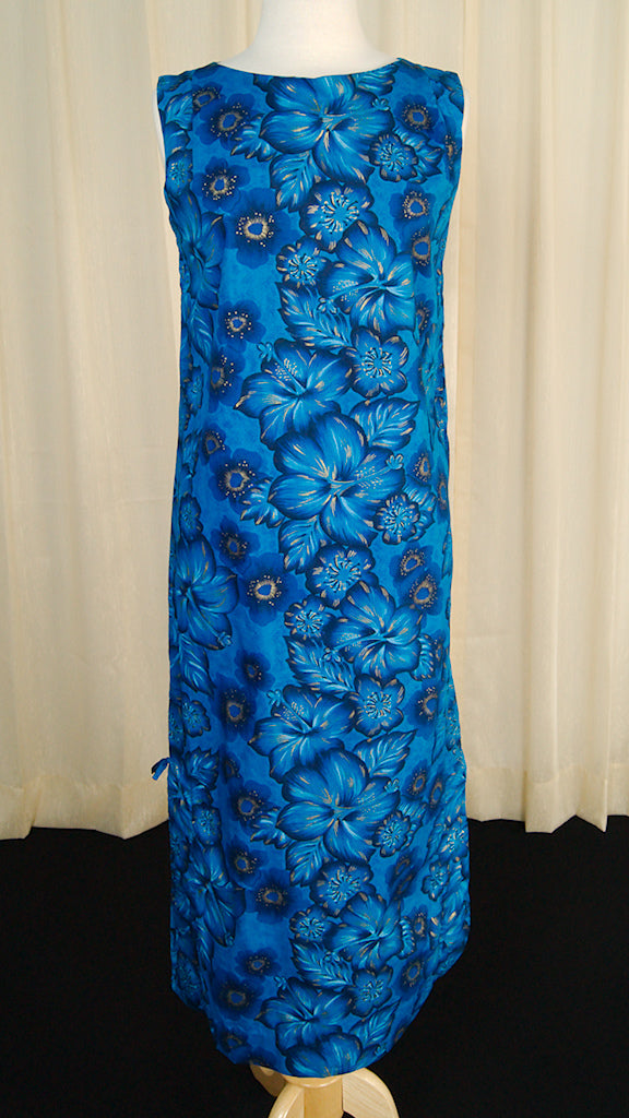 1950s Blue Hibiscus Maxi Dress