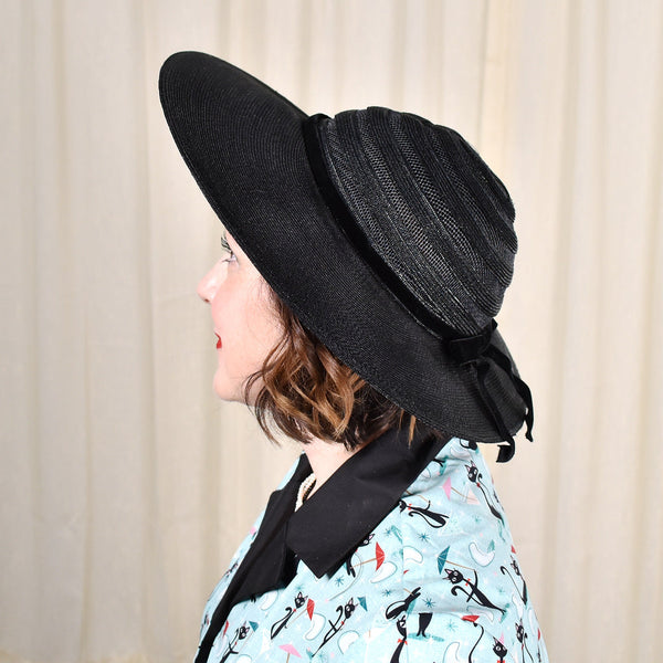 1950s Large Black Vintage Straw Hat Cats Like Us