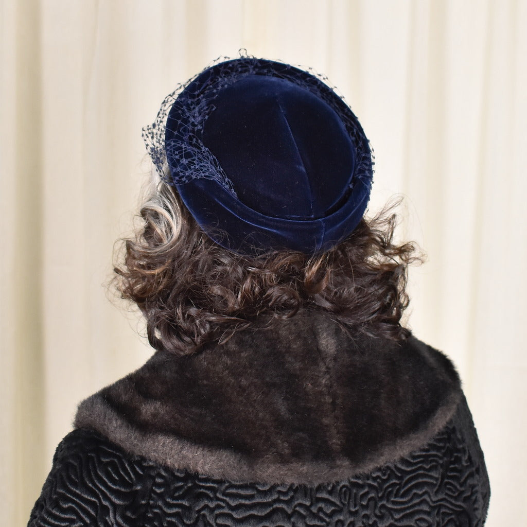 Vintage Navy Blue Velvet Hat with Netting 1950s Navy Velvet Netting Vintage Hat – Cats Like Us main image 2