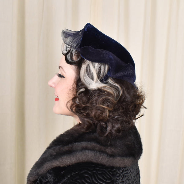 1950s Navy Velvet Vintage Curved Hat Cats Like Us