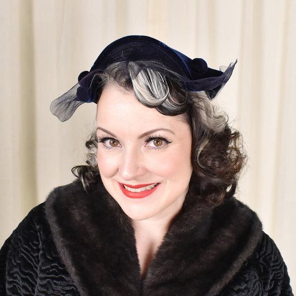 1950s Navy Velvet Vintage Curved Hat Cats Like Us