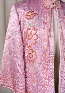 1950s Pink Floral Embroidered Quilted Bed Jacket Cats Like Us