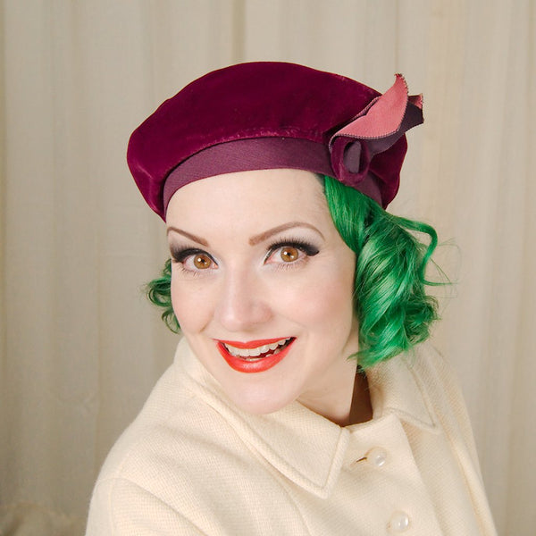 1950s Plum Velvet Beret Hat Cats Like Us
