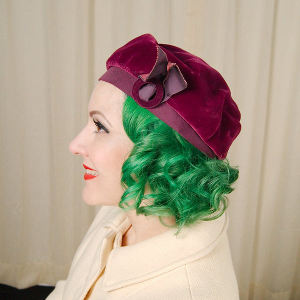 1950s Plum Velvet Beret Hat Cats Like Us