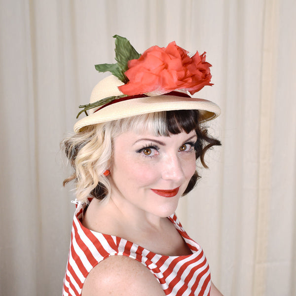 1950s Red Floral Vintage Straw Hat Cats Like Us