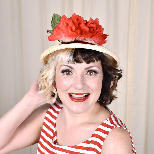1950s Red Floral Vintage Straw Hat Cats Like Us