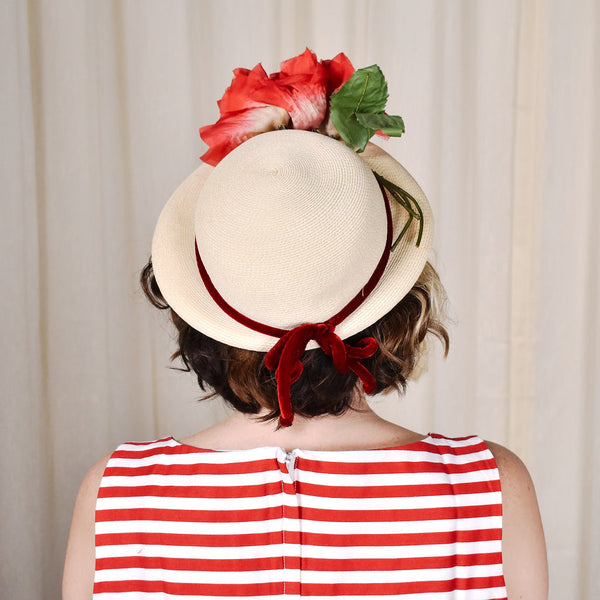 1950s Red Floral Vintage Straw Hat Cats Like Us