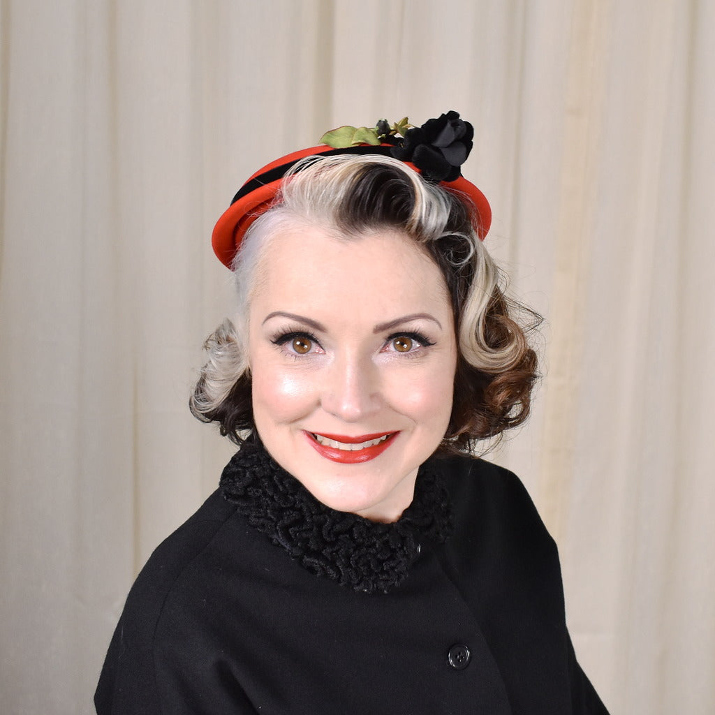 1950s Vintage Black Rose Red Wool Hat – Cats Like Us display picture 3