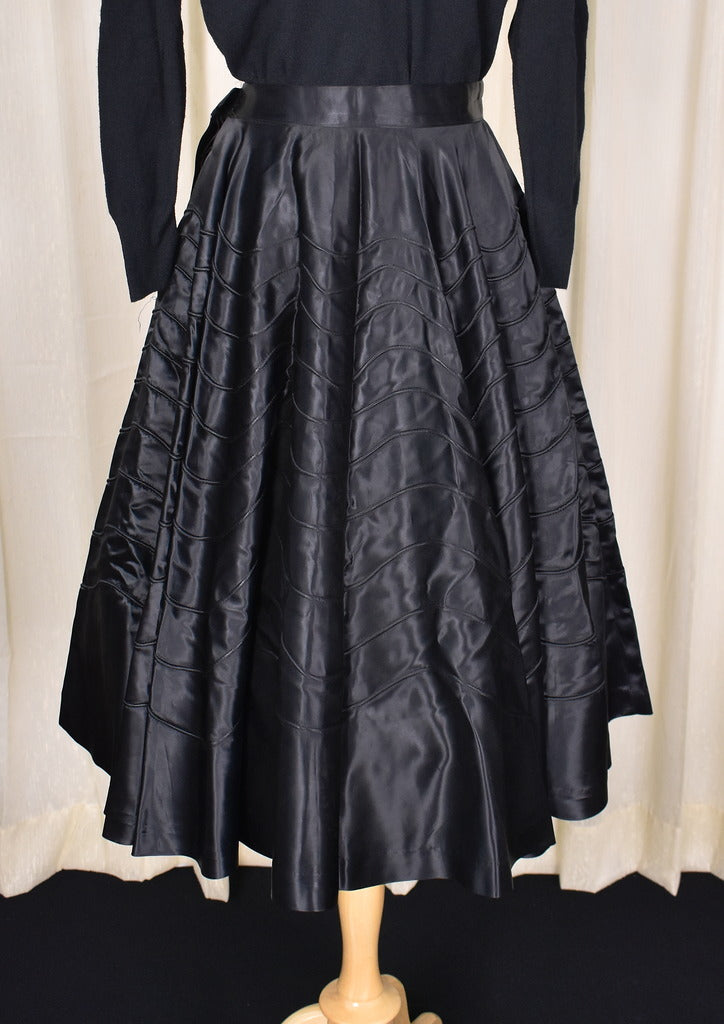 1950s Vintage Black Satin Wave Skirt by An Original by Olga Cats Like Us