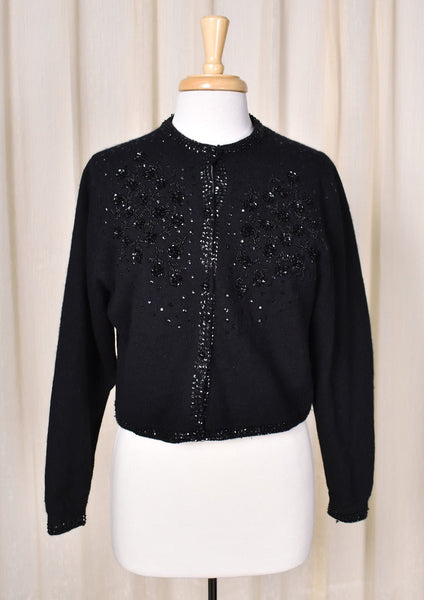 1950s Vintage Black Sequin Roses Cardi Cats Like Us