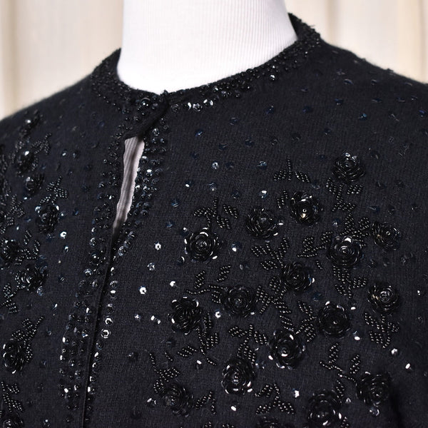 1950s Vintage Black Sequin Roses Cardi Cats Like Us