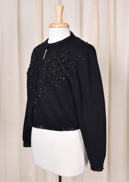 1950s Vintage Black Sequin Roses Cardi Cats Like Us