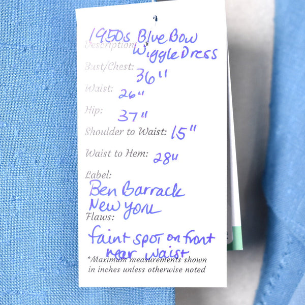 1950s Vintage Blue Bow Wiggle Dress Cats Like Us