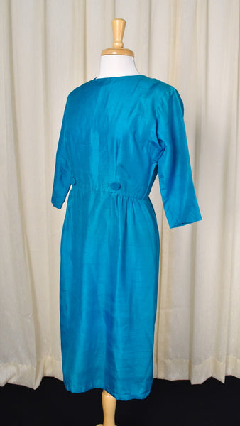 1950s Vintage Blue Button Silk Sheath Dress Cats Like Us