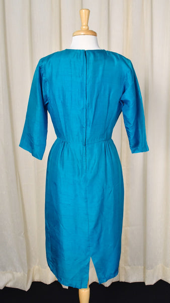 1950s Vintage Blue Button Silk Sheath Dress Cats Like Us