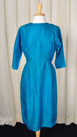 1950s Vintage Blue Button Silk Sheath Dress Cats Like Us