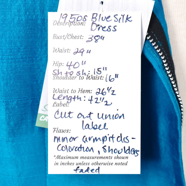 1950s Vintage Blue Button Silk Sheath Dress Cats Like Us