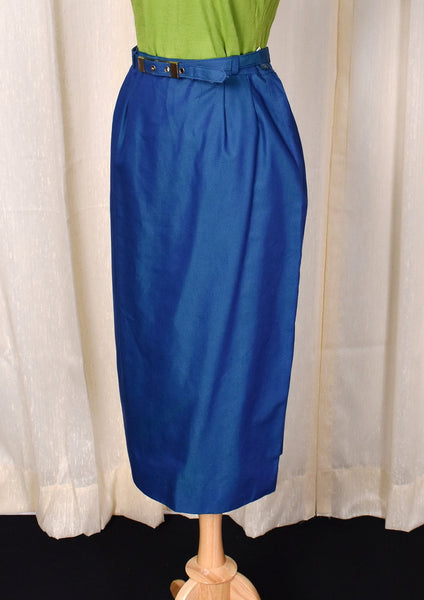1950s Vintage Blue Iridescent Pencil Skirt Cats Like Us