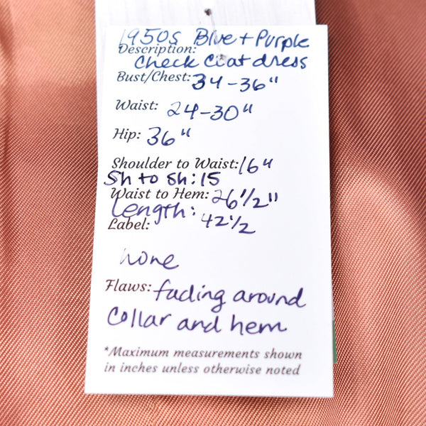 1950s Vintage Blue & Purple Checked Coat Dress Cats Like Us