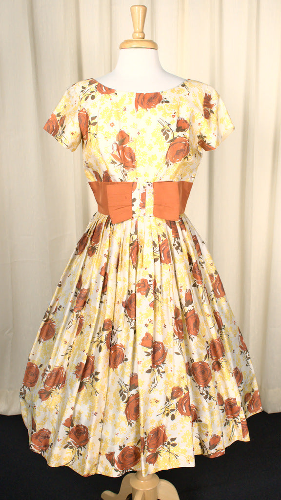 1950s Vintage Bronze Roses Party Dress Cats Like Us 1950s Vintage Bronze Roses Party Dress Cats Like Us