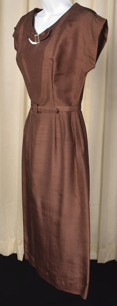 1950s Vintage Brown Silk Rhinestone Dress Cats Like Us