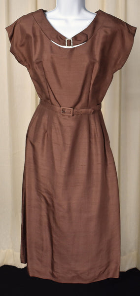 1950s Vintage Brown Silk Rhinestone Dress Cats Like Us