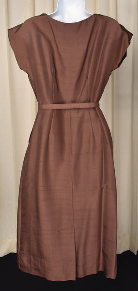 1950s Vintage Brown Silk Rhinestone Dress Cats Like Us