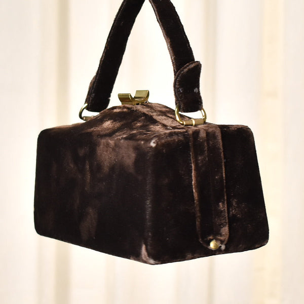 1950s Vintage Brown Velvet Box Handbag Cats Like Us