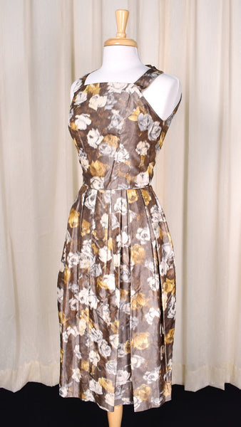 1950s Vintage Cream & Gold Roses Dress Cats Like Us