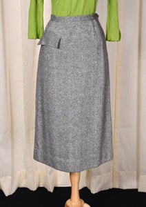 1950s Vintage  Gray Chevron Flap Pocket Pencil Skirt Tailored by h. Schreier Cats Like Us
