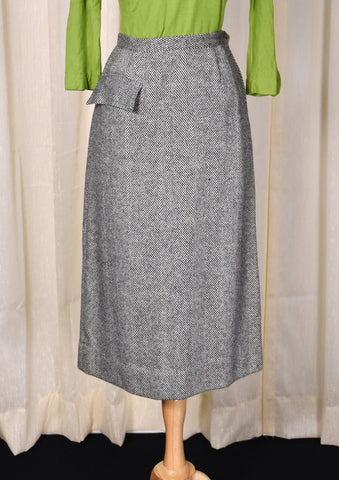 1950s Vintage  Gray Chevron Flap Pocket Pencil Skirt Tailored by h. Schreier Cats Like Us