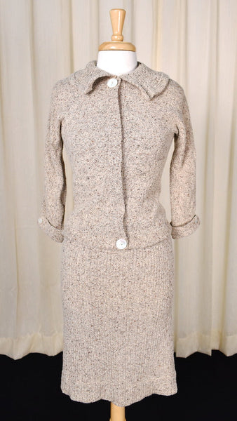 1950s Vintage Khaki Knit Skirt Set Cats Like Us