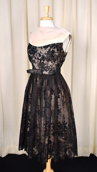 1950s Vintage Peach & Blk Flocked Dress Cats Like Us