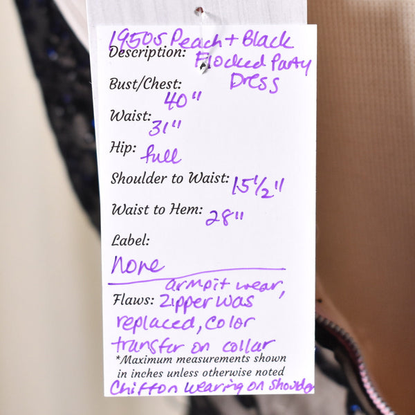 1950s Vintage Peach & Blk Flocked Dress Cats Like Us