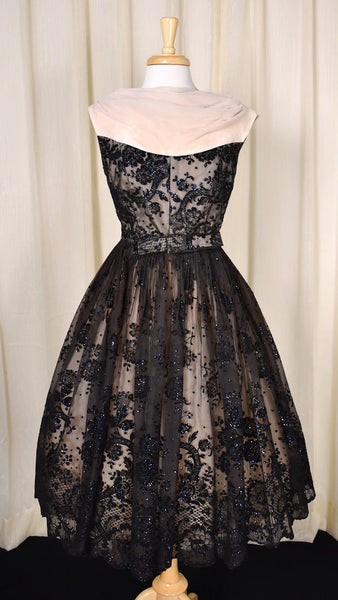 1950s Vintage Peach & Blk Flocked Dress Cats Like Us