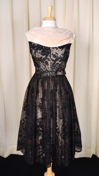 1950s Vintage Peach & Blk Flocked Dress Cats Like Us