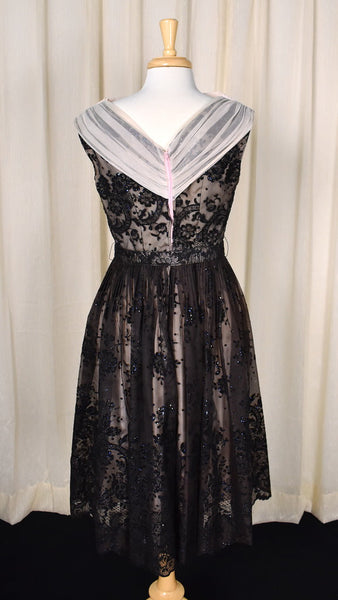 1950s Vintage Peach & Blk Flocked Dress Cats Like Us