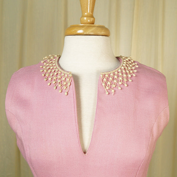 1950s Vintage Pink Linen Trim Dress Cats Like Us