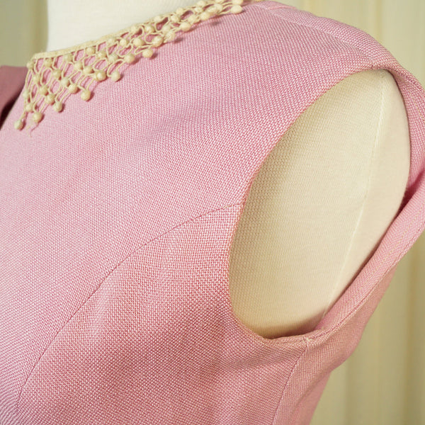 1950s Vintage Pink Linen Trim Dress Cats Like Us