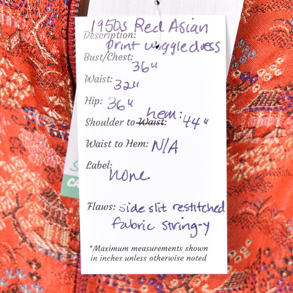 1950s Vintage Red Asian Village Print Dress Cats Like Us