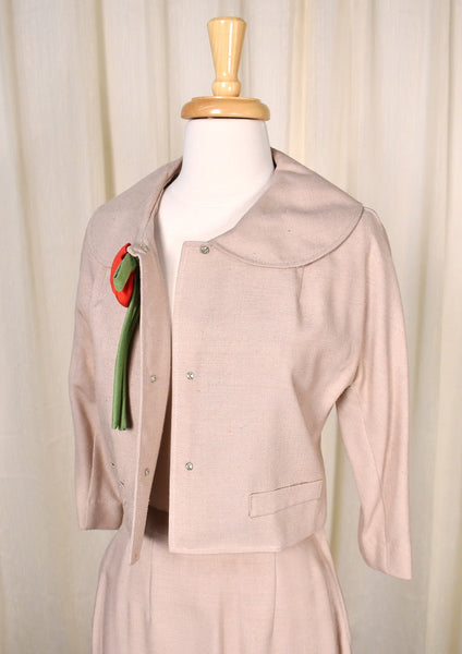 1950s Vintage Red Rose Tan Skirt Suit Cats Like Us