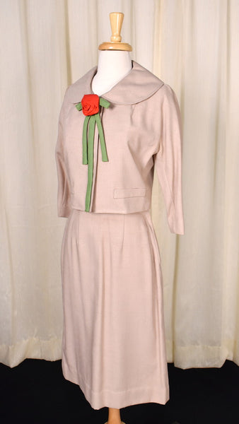 1950s Vintage Red Rose Tan Skirt Suit Cats Like Us