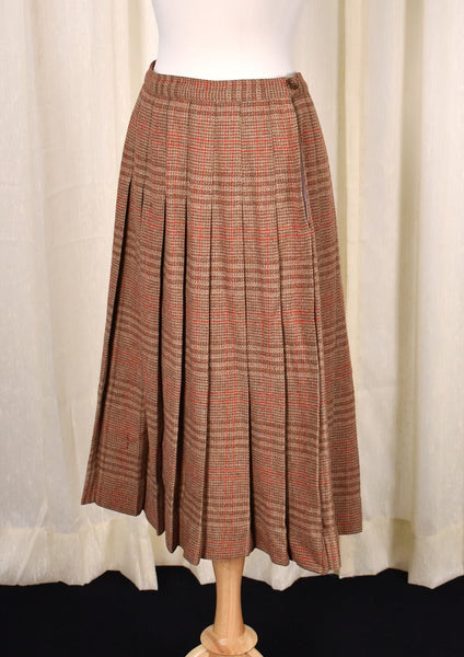 1950s Vintage Tan & Red Pleated Skirt Cats Like Us